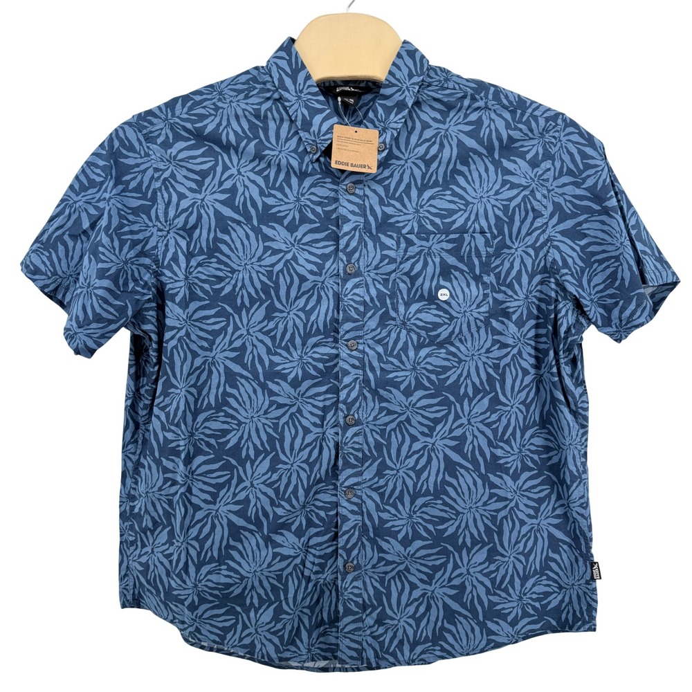 NEW Eddie Bauer Baja Shirt Mens 2XL Short Sleeve Blue Tropical Leaf Print Cotton